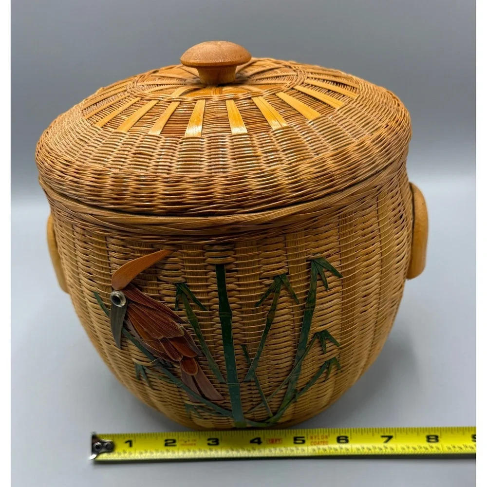 Vintage Wicker Ice Bucket Bird Bamboo Rattan Insulated MCM Tiki Barware 7.5in